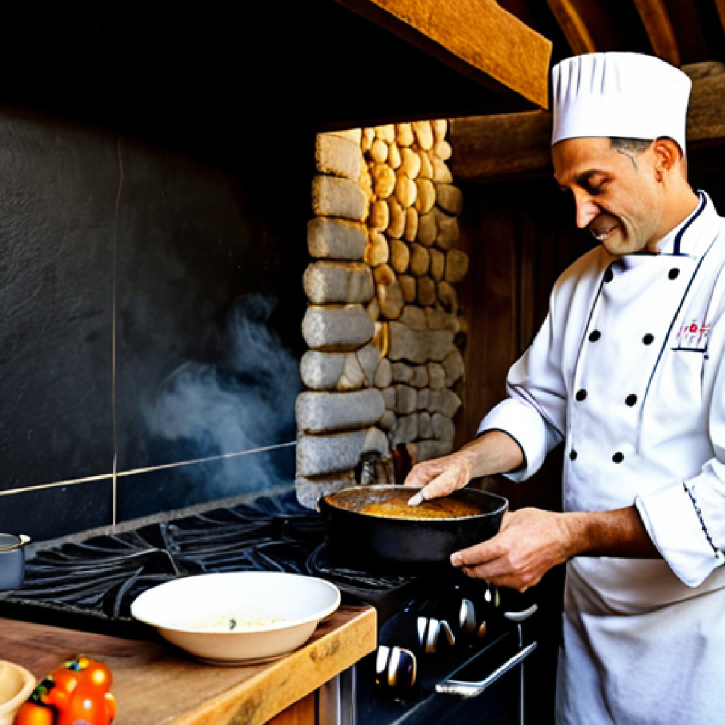A professional chef in a modest, clean chef's jacket, carefully ladling a rich, traditional Portuguese stew (like "Cozido à Portuguesa" or a hearty vegetable soup) into a rustic ceramic bowl. The scene is set in a warm, inviting kitchen of a thermal resort in Northern Portugal, featuring traditional stone walls, a simmering pot on an old-fashioned stove, and freshly baked rye bread on a wooden counter. The atmosphere is cozy and authentic, emphasizing comfort and heritage. Natural lighting illuminates the steam rising from the dish. The chef displays perfect anatomy, well-formed hands, and natural body proportions, in a natural pose. Fully clothed, appropriate attire, modest clothing, safe for work, appropriate content, family-friendly, professional photography, high quality.