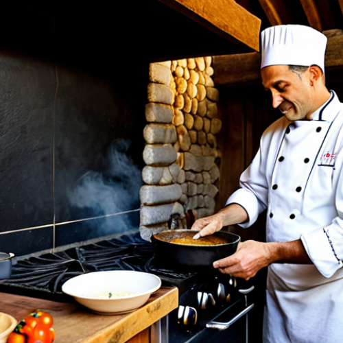 A professional chef in a modest, clean chef's jacket, carefully ladling a rich, traditional Portuguese stew (like "Cozido à Portuguesa" or a hearty vegetable soup) into a rustic ceramic bowl. The scene is set in a warm, inviting kitchen of a thermal resort in Northern Portugal, featuring traditional stone walls, a simmering pot on an old-fashioned stove, and freshly baked rye bread on a wooden counter. The atmosphere is cozy and authentic, emphasizing comfort and heritage. Natural lighting illuminates the steam rising from the dish. The chef displays perfect anatomy, well-formed hands, and natural body proportions, in a natural pose. Fully clothed, appropriate attire, modest clothing, safe for work, appropriate content, family-friendly, professional photography, high quality.