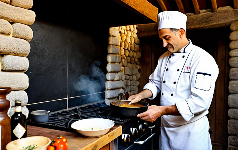 A professional chef in a modest, clean chef's jacket, carefully ladling a rich, traditional Portuguese stew (like "Cozido à Portuguesa" or a hearty vegetable soup) into a rustic ceramic bowl. The scene is set in a warm, inviting kitchen of a thermal resort in Northern Portugal, featuring traditional stone walls, a simmering pot on an old-fashioned stove, and freshly baked rye bread on a wooden counter. The atmosphere is cozy and authentic, emphasizing comfort and heritage. Natural lighting illuminates the steam rising from the dish. The chef displays perfect anatomy, well-formed hands, and natural body proportions, in a natural pose. Fully clothed, appropriate attire, modest clothing, safe for work, appropriate content, family-friendly, professional photography, high quality.