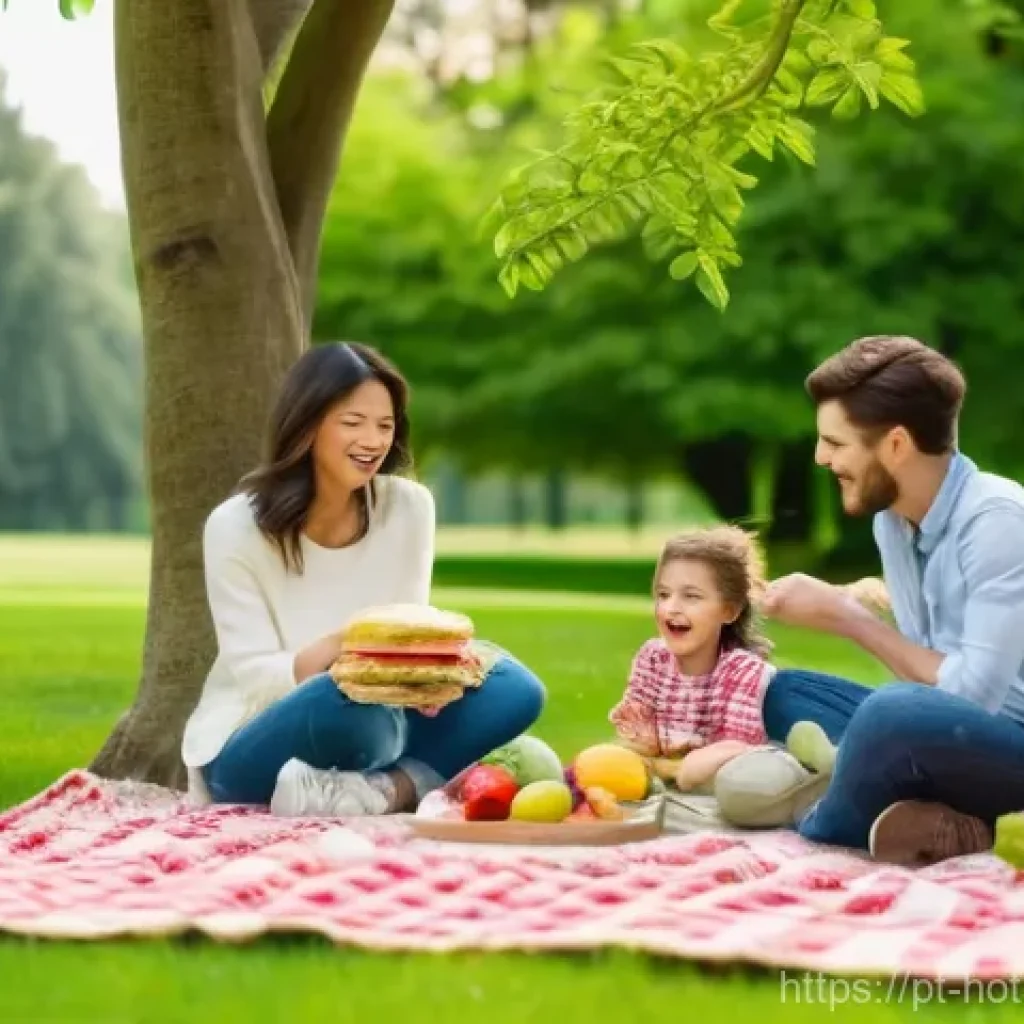 온천과 디톡스 - A serene outdoor picnic scene on a bright, sunny afternoon. A family of four, including two young ch...