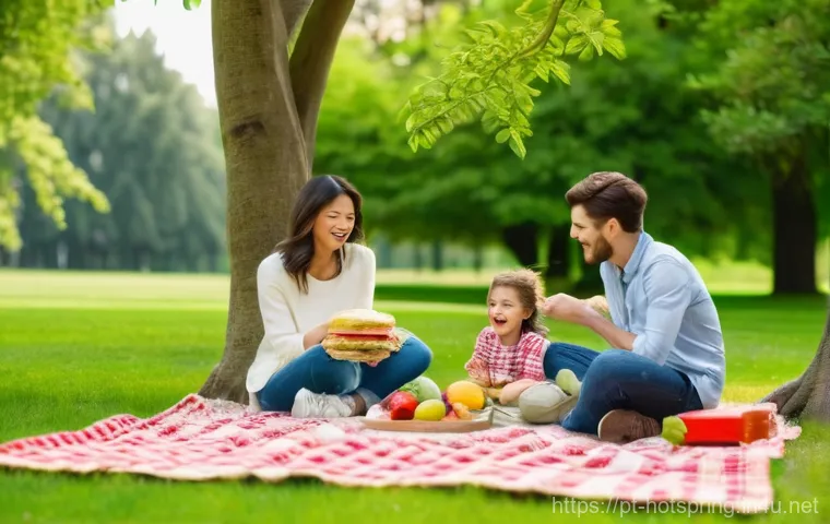 온천과 디톡스 - A serene outdoor picnic scene on a bright, sunny afternoon. A family of four, including two young ch...