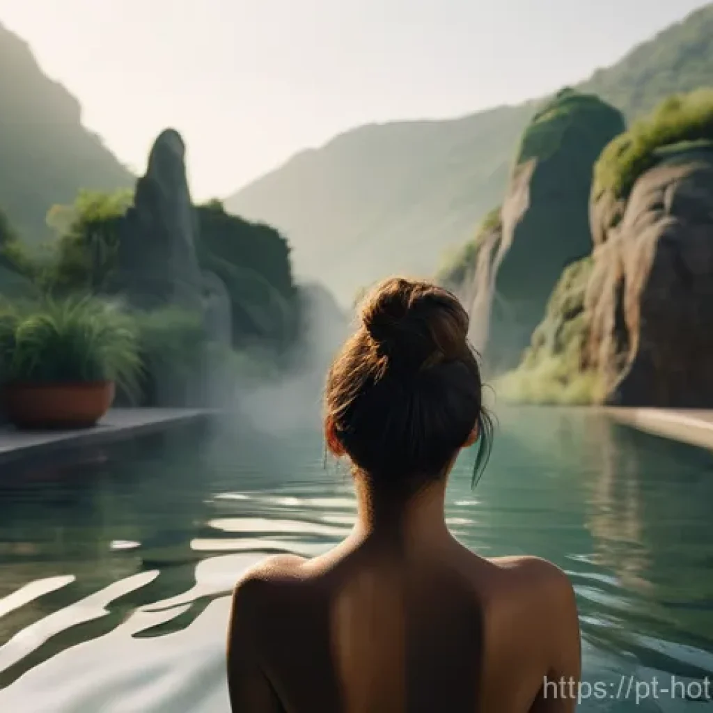 온천 여행을 위한 팁 - A serene and tranquil outdoor thermal bath in a lush, natural landscape. The focus is on a woman, vi...