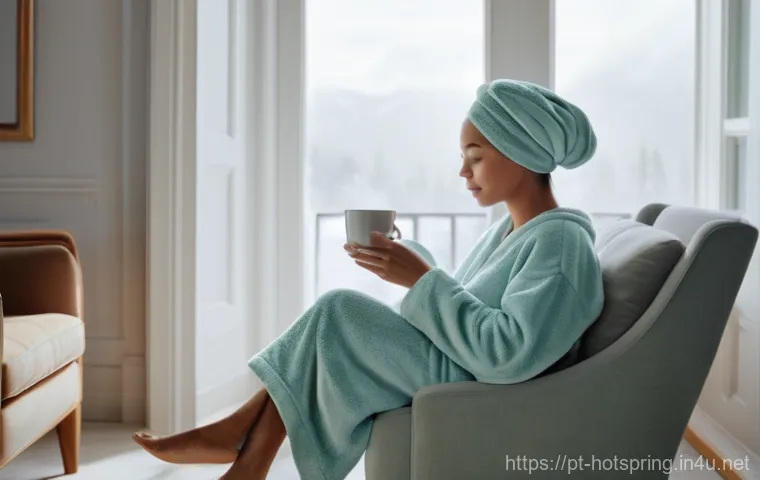 온천 여행을 위한 팁 - A serene and tranquil outdoor thermal bath in a lush, natural landscape. The focus is on a woman, vi...