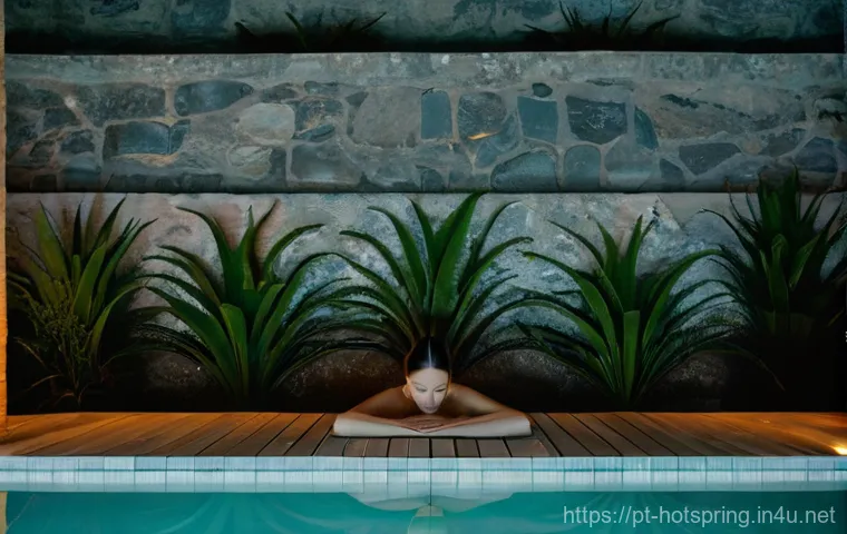 온천 여행기 - Image Prompt 1: Serene Sulfurous Thermal Bath**