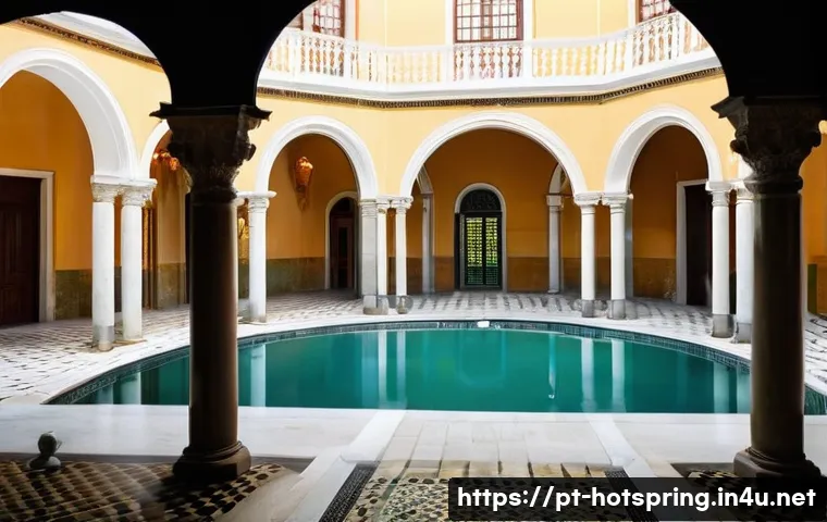 온천과 재충전 - **Prompt:** A serene and elegant scene inside a historic Portuguese thermal bathhouse. Adults of div...