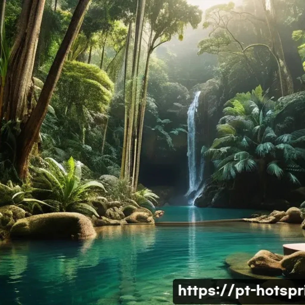 온천과 자연의 에너지 - A serene natural hot spring in Brazil’s lush greenery, surrounded by vibrant tropical plants and tal...