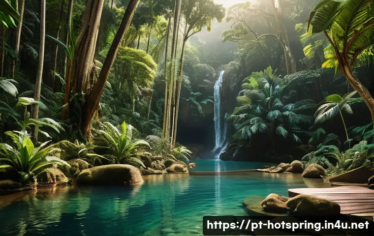 온천과 자연의 에너지 - A serene natural hot spring in Brazil’s lush greenery, surrounded by vibrant tropical plants and tal...