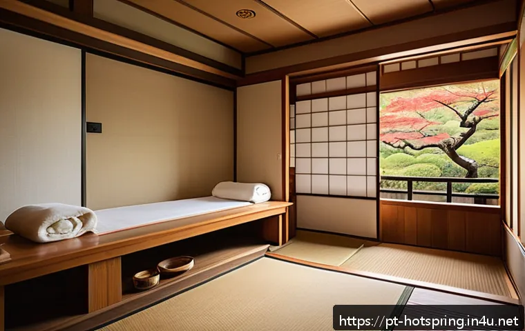 온천 룸 서비스 - A serene hotel room with traditional onsen bath setup in a Japanese-style ryokan, featuring warm woo...