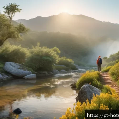 Home 32 온천을 여행 중 즐길 수 있는 활동 - A serene morning scene of a hiker walking along a lush forest trail near natural hot springs in a Po...