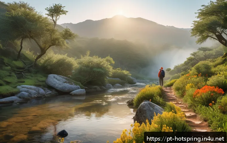 온천을 여행 중 즐길 수 있는 활동 - A serene morning scene of a hiker walking along a lush forest trail near natural hot springs in a Po...