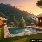 Home 18 핫스프링과 커플 여행 - A serene mountain landscape featuring a rustic boutique hotel nestled among lush green pine forests,...