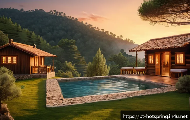 핫스프링과 커플 여행 - A serene mountain landscape featuring a rustic boutique hotel nestled among lush green pine forests,...