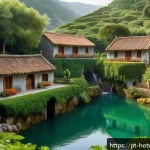 Home 23 온천마을 문화 - A serene thermal village nestled in lush green mountains during early morning mist, showcasing rusti...