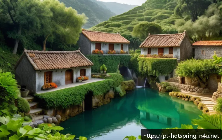 온천마을 문화 - A serene thermal village nestled in lush green mountains during early morning mist, showcasing rusti...
