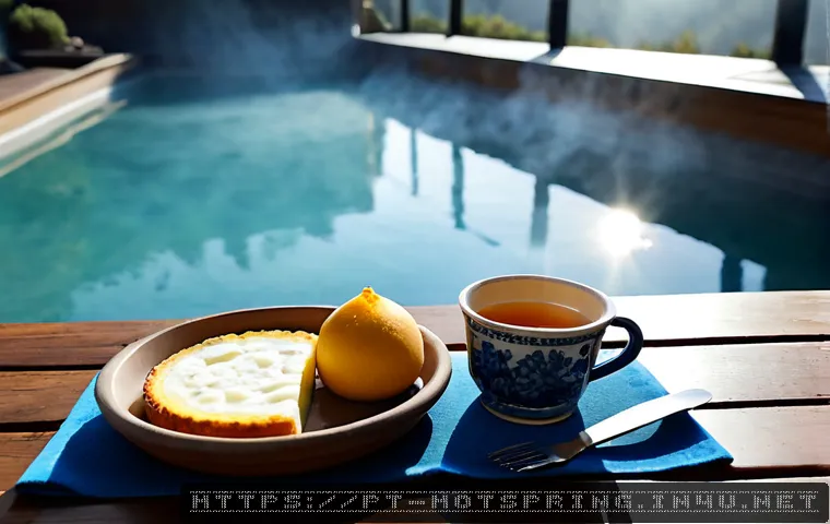 Home 17 온천 여행 중 추천 음식 - Photorealistic Portuguese thermal spa hotel breakfast, a clear wooden table beside steaming outdoor ...